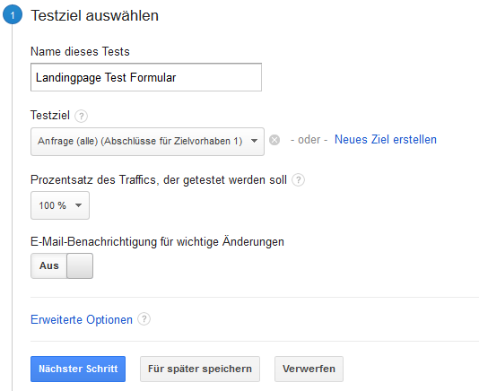 Google Analytics - Split-Testziel auswählen