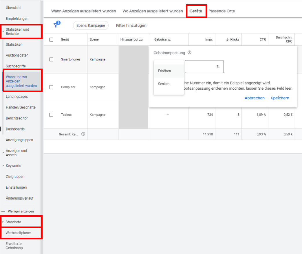 Searchkampagnen Einstellungen: Gebotsanpassungen