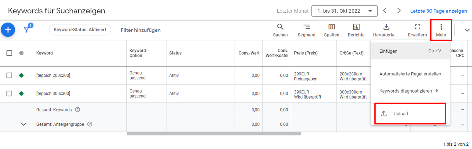 Anzeigenanpassungen für RSA - Upload des Spreadsheets und geänderte Werte