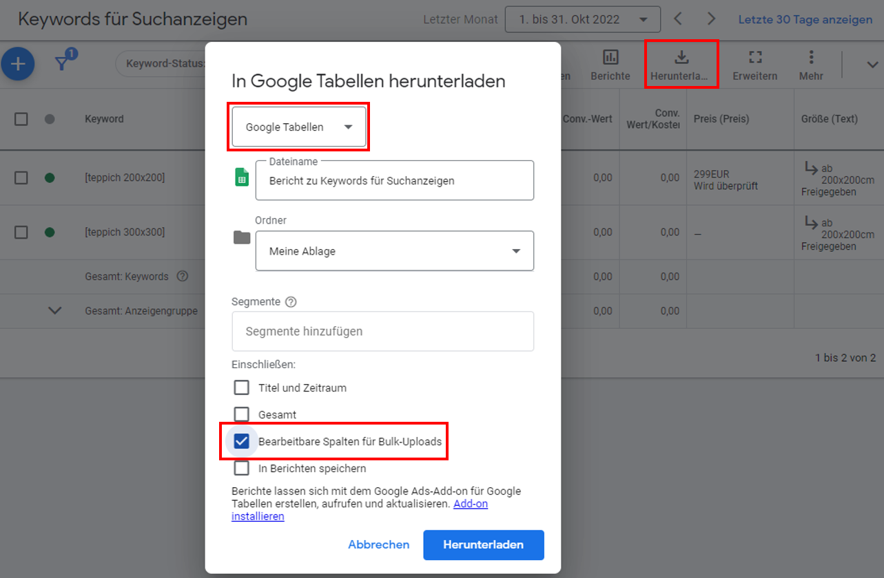 Anzeigenanpassungen für RSA - Spreadsheet für modifizierbare Werte erstellen