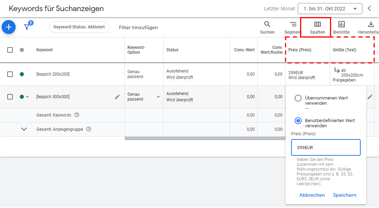 Anzeigenanpassungen für RSA - Werte vergeben