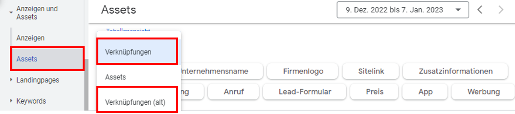 Assets bzw. Anzeigenerweiterungen