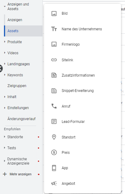 Übersicht Assets bzw. Anzeigenerweiterungen
