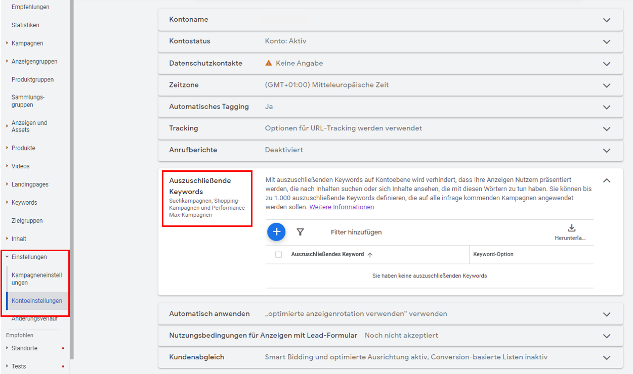 Auszuschließende Keywords auf Kontoebene