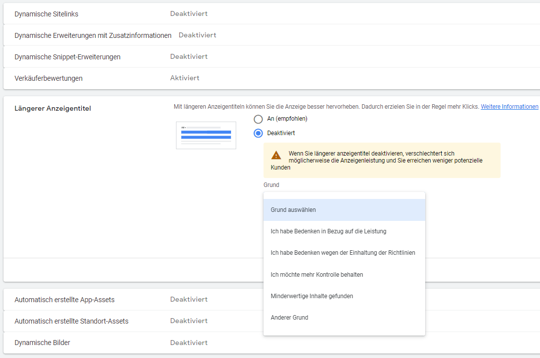 Automatisch erstellte Assets verwalten