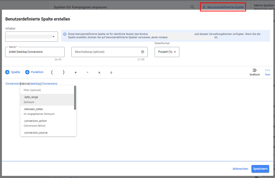benutzerdefinierte Spalte „Anteil Desktop-Conversions“