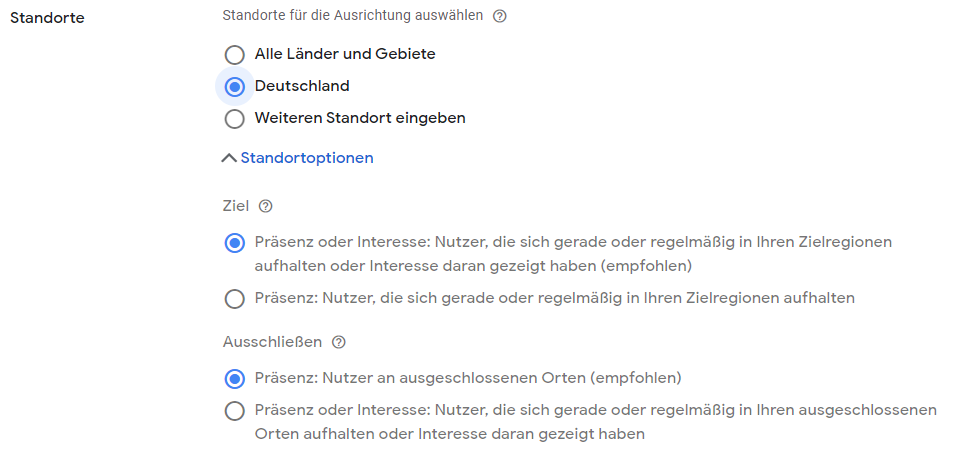 Kampagneneinstellung Standortoptionen