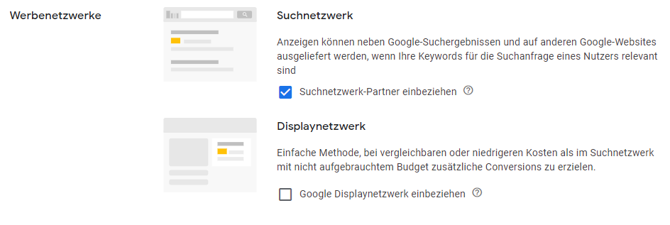 Kampagneneinstellungen Suchkampagnen - Werbenetzwerke