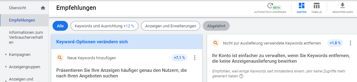 Keyword-Optionen - Empfehlungen im Ads-Account