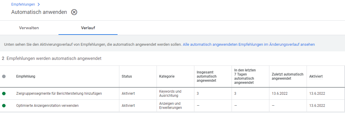 Google Ads - AAR-Tool Verlauf