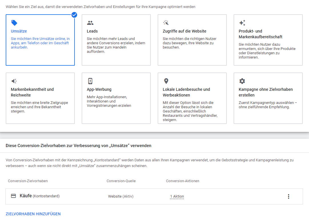 Google Ads Kampagne Setup - Kampagnenziele