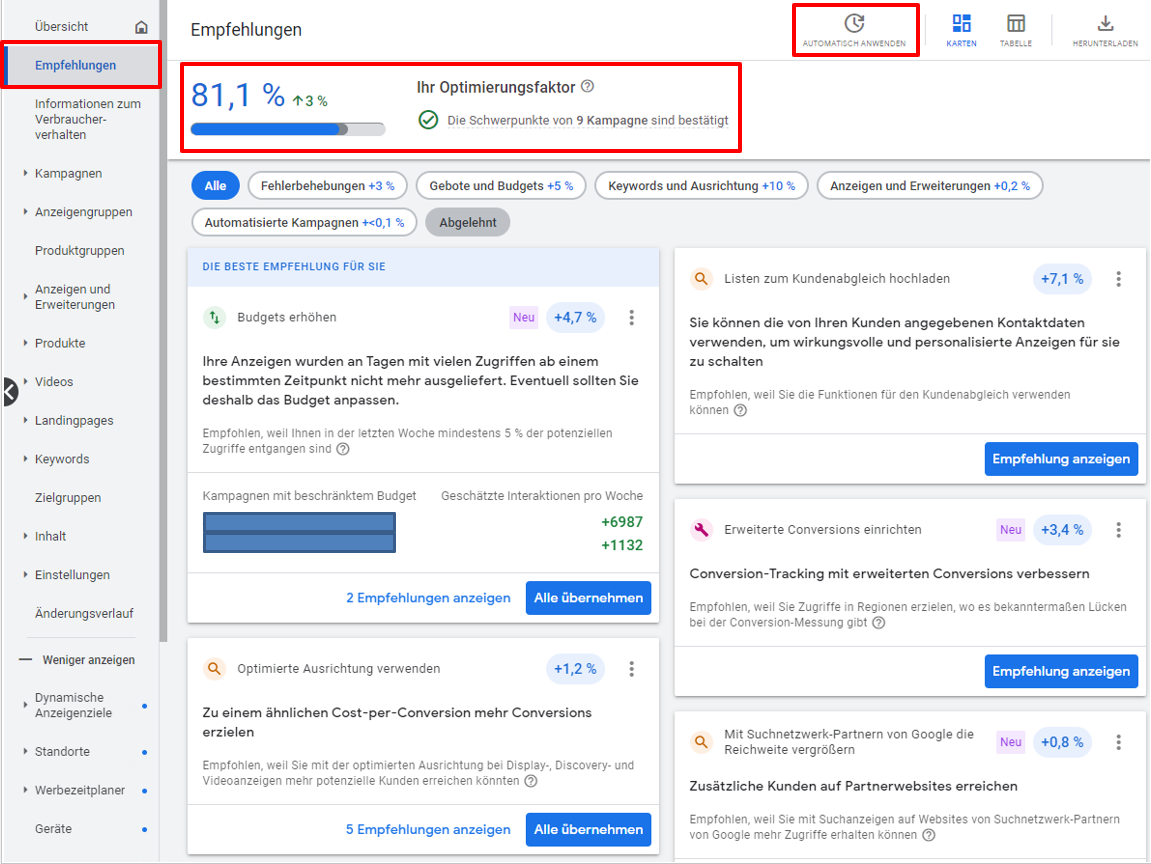 Google Ads - Tab Empfehlungen mit OptiScore und AAR-Tool