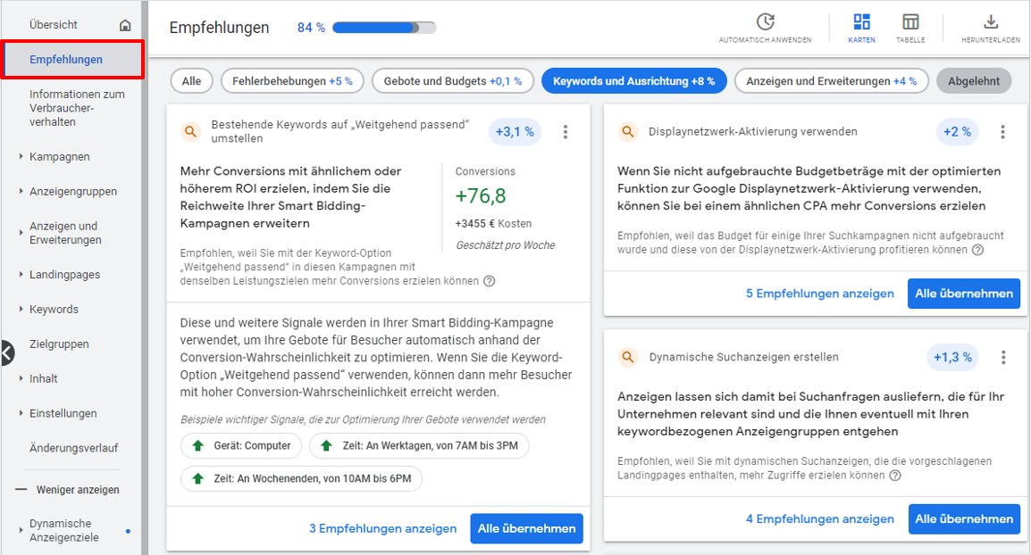 Google Ads - Tab Empfehlungen