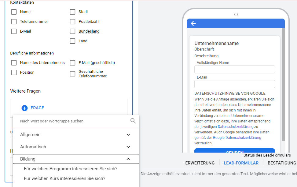 Anzeigenerweiterung Leadformular