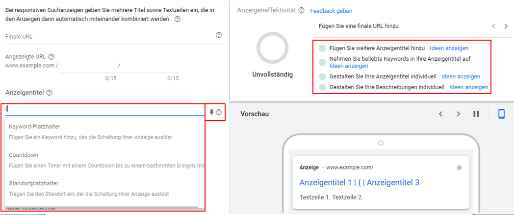 Responsive Suchanzeigen (RSA), Anzeigenanpassungen, Anpinnen