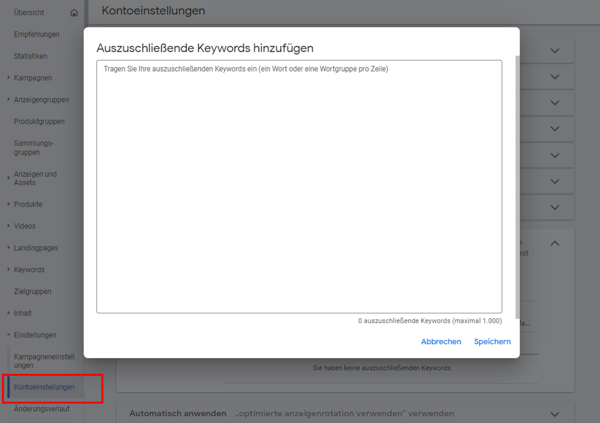 negative Keywords auf Kontoebene