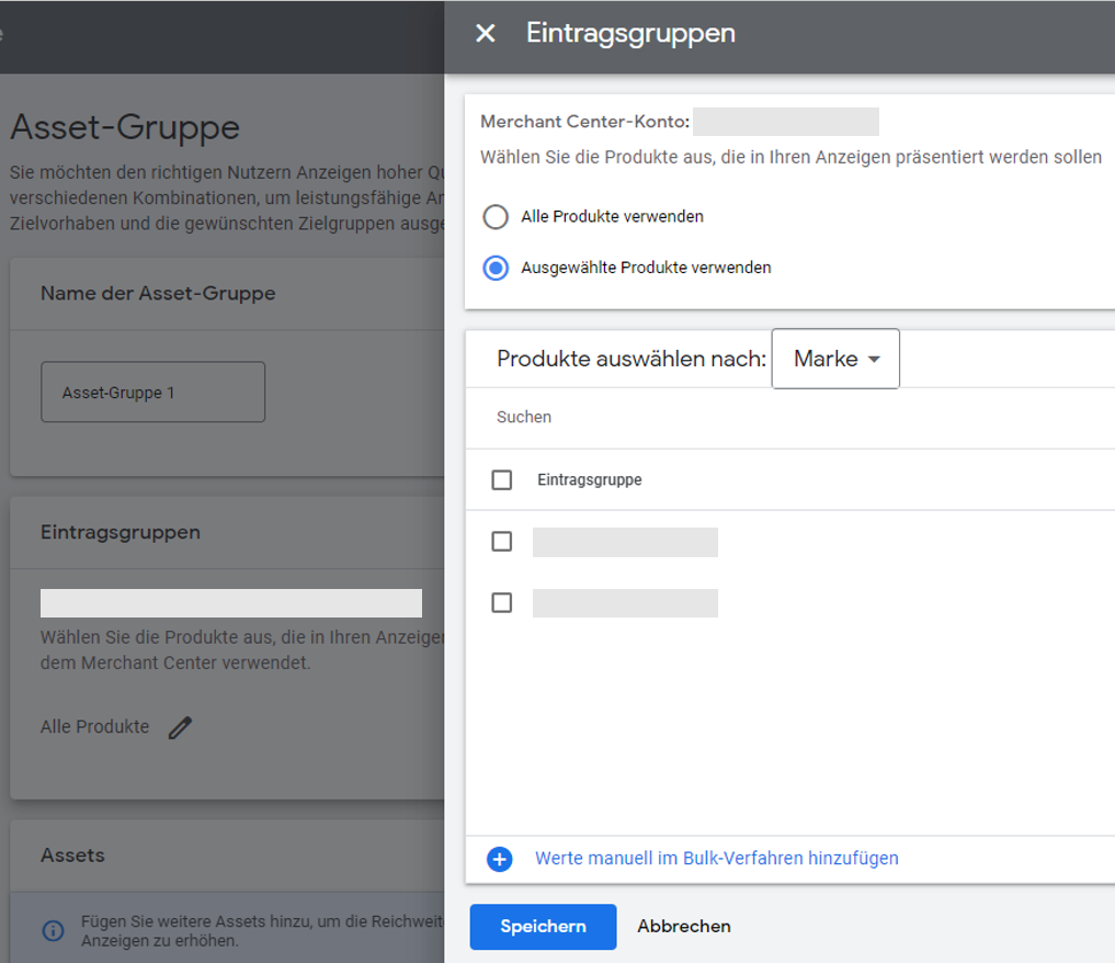Performance Max - Assets > Eintragsgruppen
