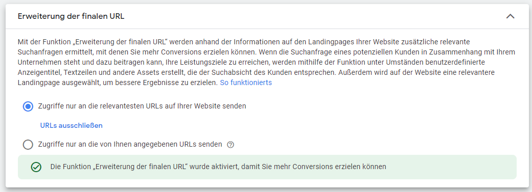 Performance Max - Erweiterung der finalen URL