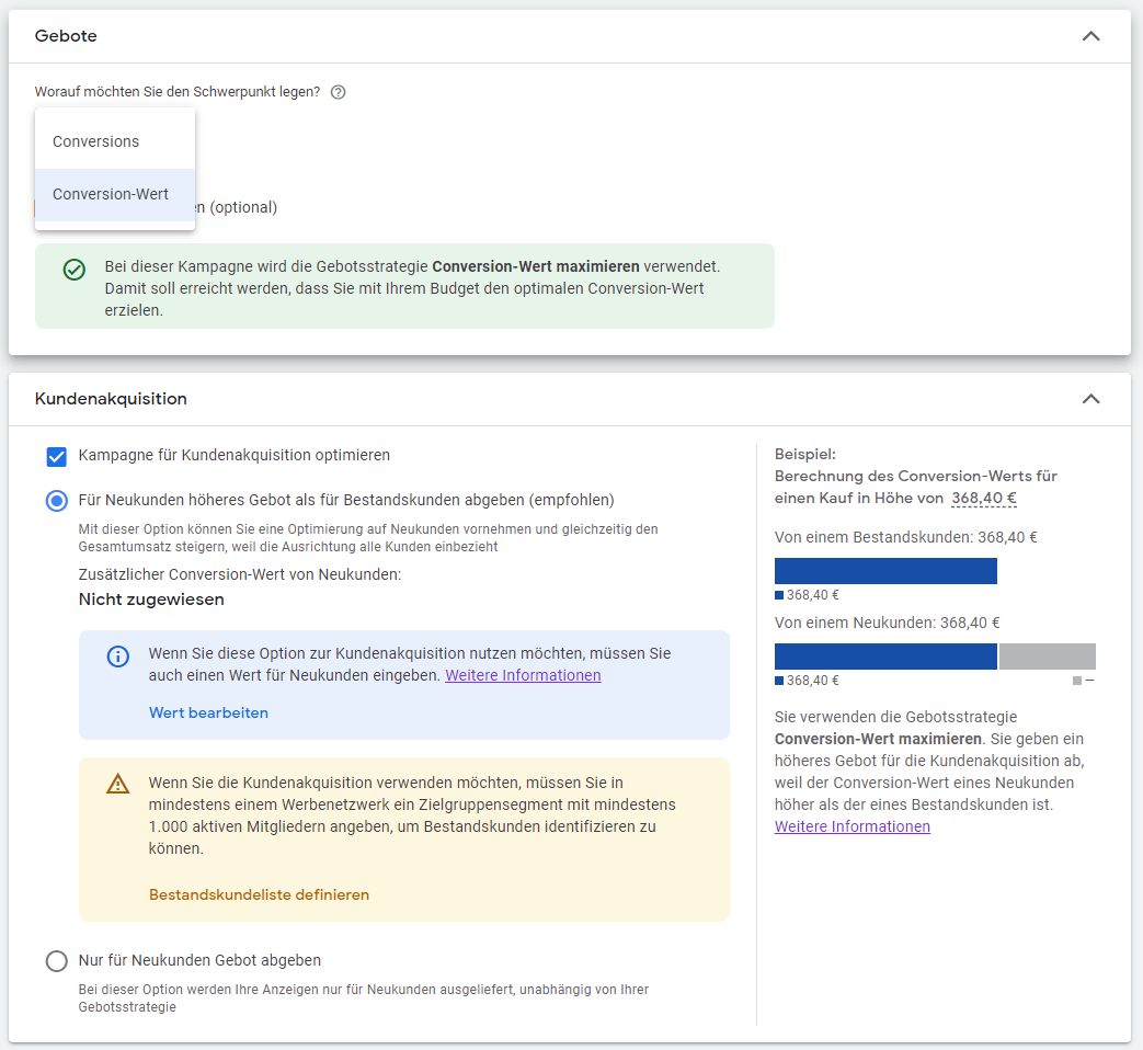 Performance Max - Gebote und Kundenakquisition