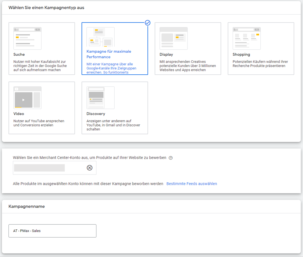Performance Max - Kampagnentyp, Merchant Center, Kampagnename