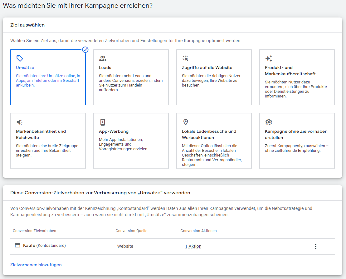Performance Max - Kampagnenziel und Conversion-Zielvorhaben