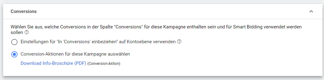 Kampagneneinstellung - Conversion-Aktion auswählen
