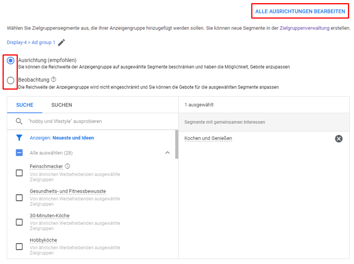 Display-Netzwerk - Zielgruppensegmente bearbeiten