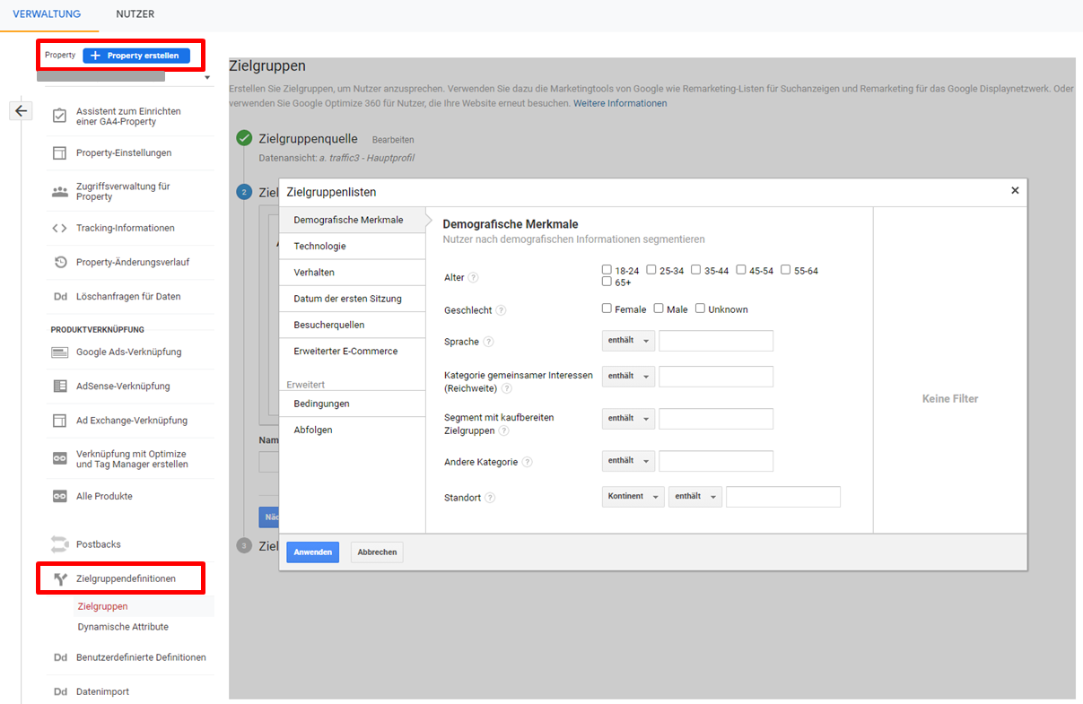 Zielgruppendefinitionen in Google Analytics