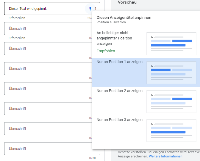 Responsive Suchanzeigen (RSA): Assets pinnen