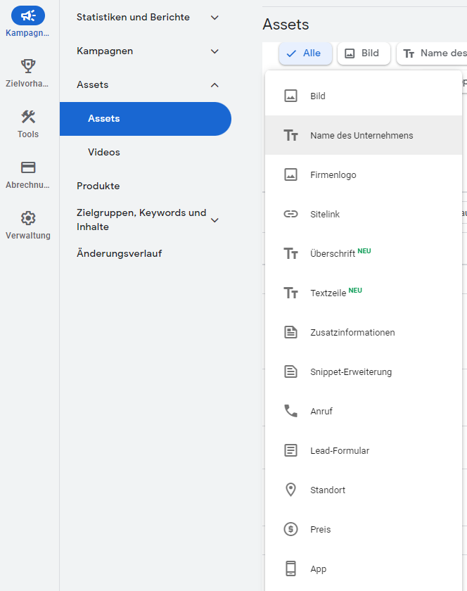 Searchkampagnen: Auswahl der aktuellen Assets