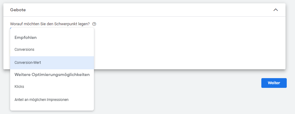 Searchkampagnen Einstellungen: Gebote