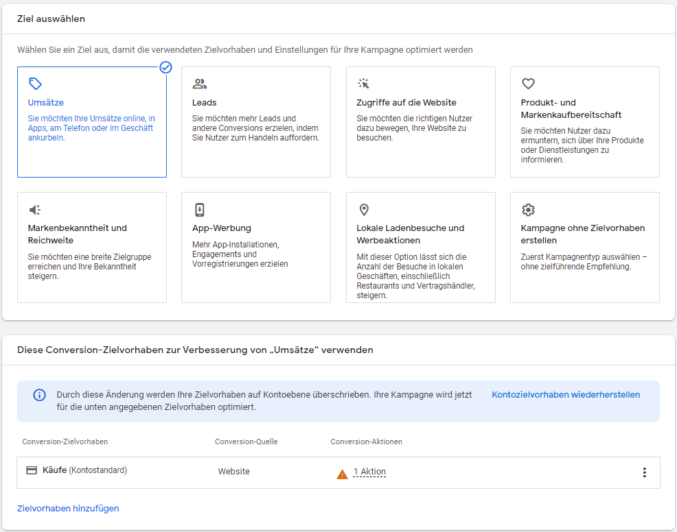 Searchkampagnen: Kampagnenziele und Conversion-Zielvorhaben