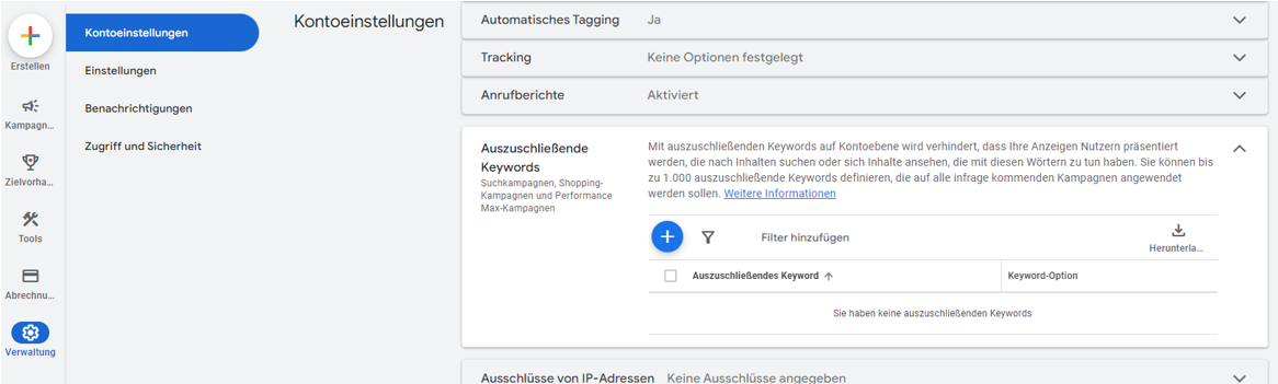 Searchkampagnen optimieren: ausschließende Keywords auf Kontoebene