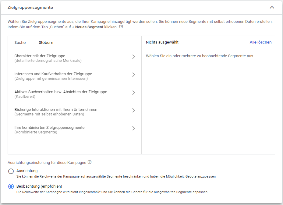 Searchkampagnen Einstellungen: Zielgruppen