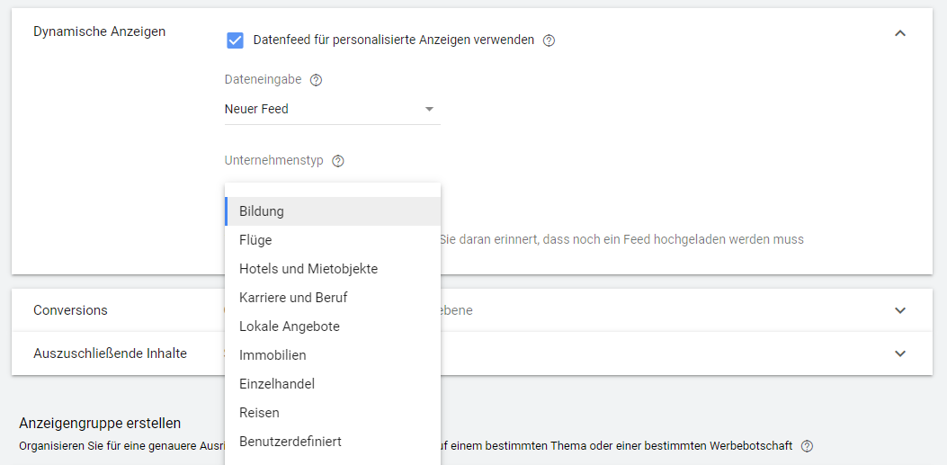 Dynamische Anzeigen - Datenfeed hinterlegen
